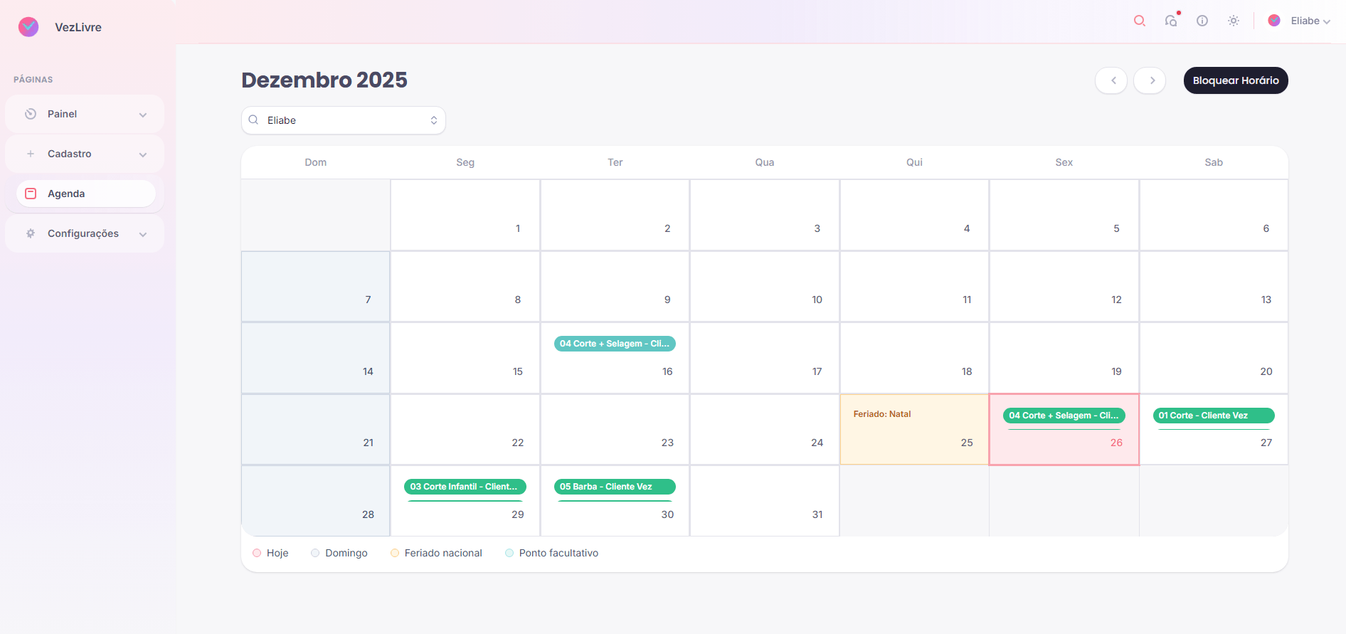 Tela de agenda mensal do VezLivre com agendamentos coloridos