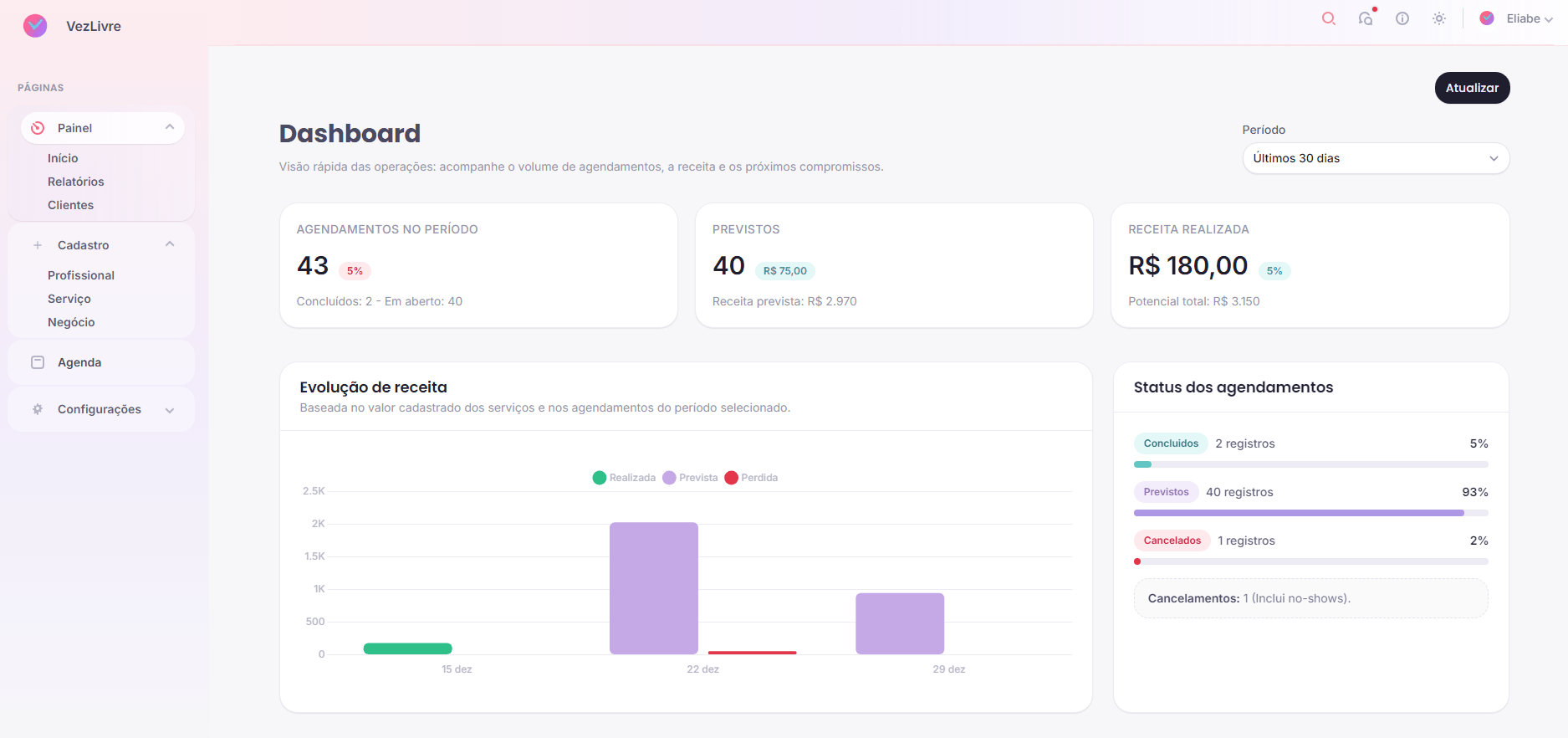Painel do VezLivre com métricas e visão geral da agenda