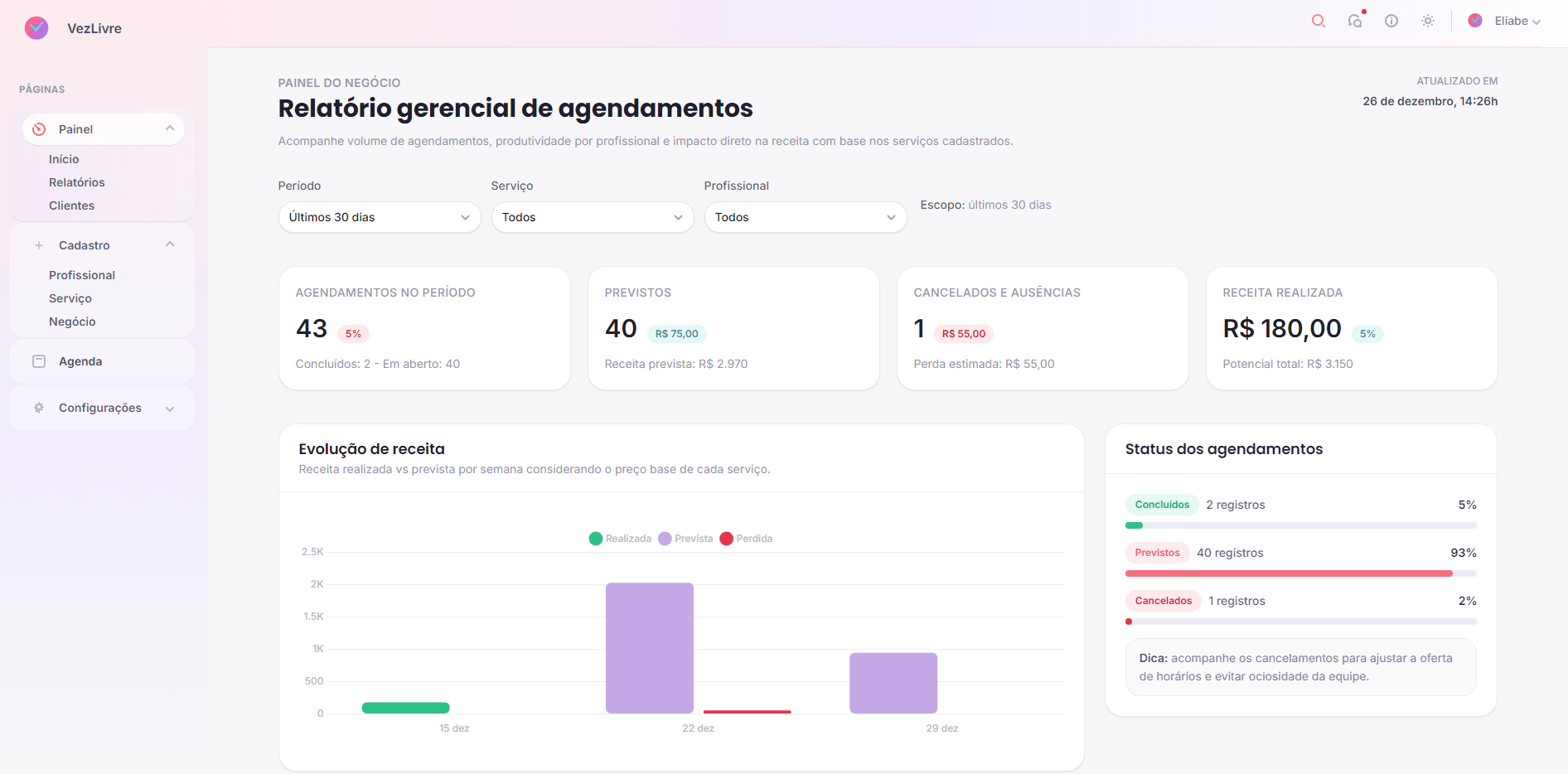 Tela de relatórios do VezLivre com gráficos e indicadores